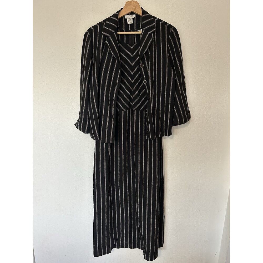 Vintage I.S.C. Linen Blend Maxi Dress & Jacket Set Womens M Black White Striped
